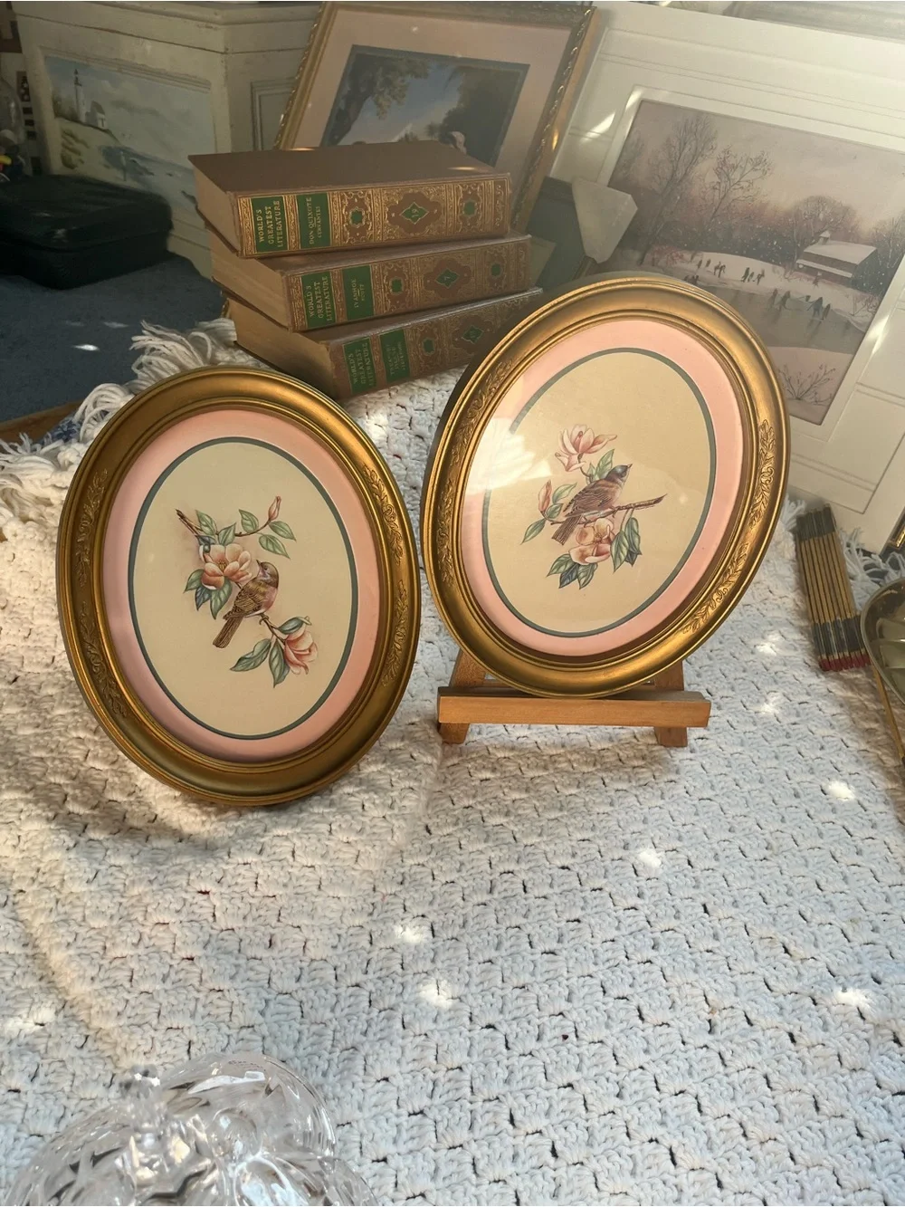 Gold Oval Floral Bird Wall Art Pair - Pink Accents